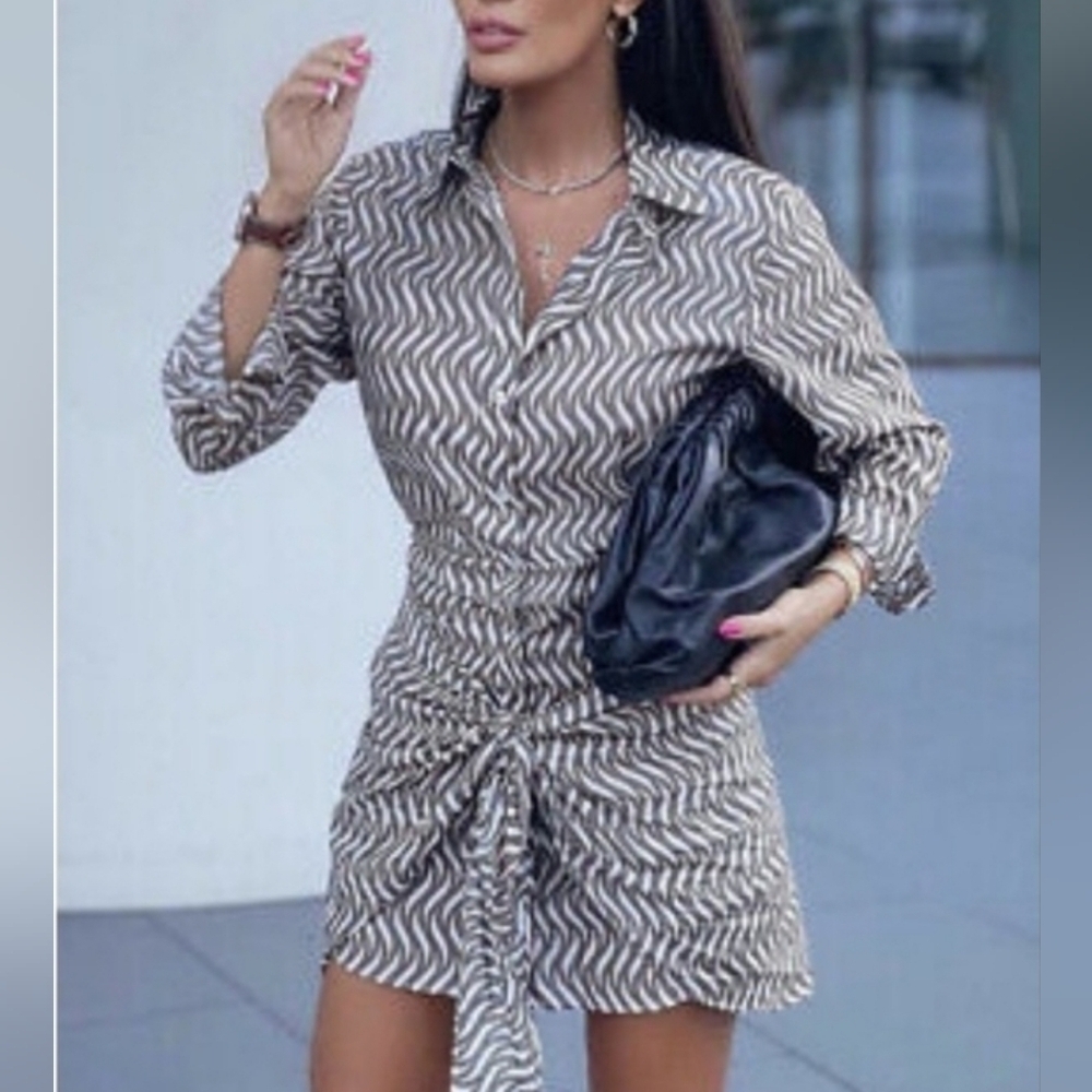 ZARA print dress with tie front Sand Bloggers favourite size Medium